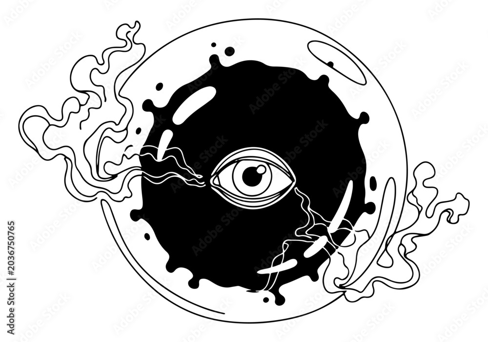 Obraz premium Mystical eye inside a dark sphere surrounded by swirling smoke and magic energy in spiritual line art style
