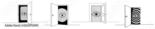 Photos Open doors revealing eyes and hypnotic spirals in a minimalist surreal line art