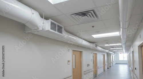 White industrial ventilation duct pipe suspended from ceiling in modern hospital hallway. Air conditioning system for climate control and air circulation in medical facility