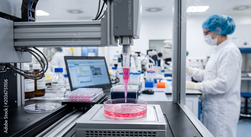 Automated liquid handling robot in scientific laboratory dispensing pink fluid into petri dish for medical research and drug discovery.