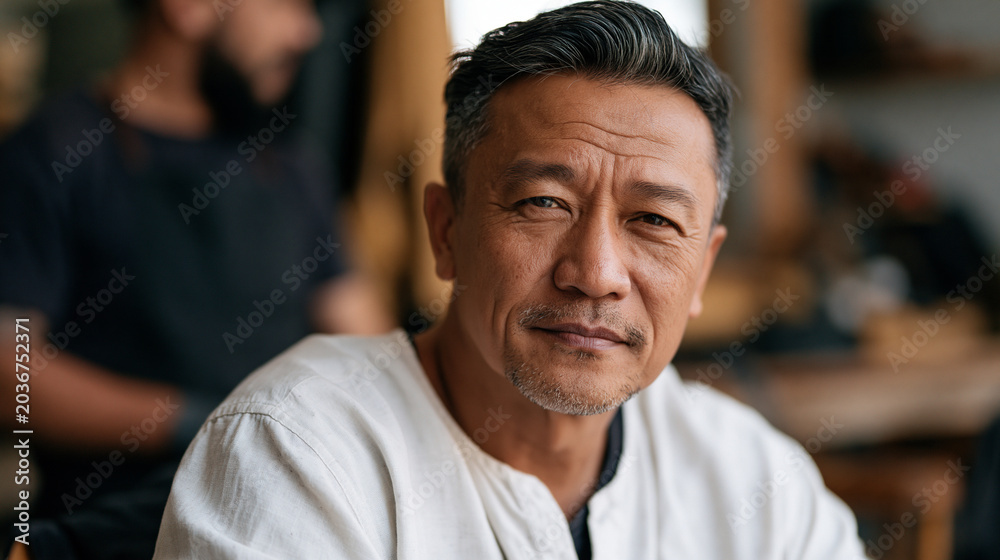 Obraz premium Middle-aged Filipino man sits in a barbershop chair after a haircut, studying his own reflection with an expression of deliberate reinvention, the barber behind him chatting casually, the moment of