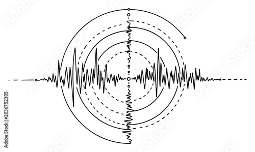 Bild auf Leinwand Sound wave frequencies and circular sonar radar target in a technical minimalist