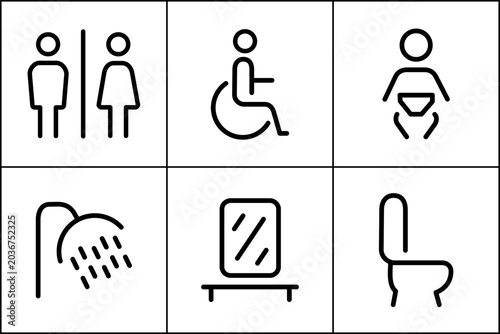 restroom toilet man and woman signs, with wheelchair, shower, and baby diaper station, vector line icons pack.