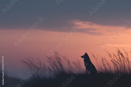 A lone wolf sits silhouetted against a vibrant sunset, surrounded by tall grass, evoking a sense of solitude and peace.