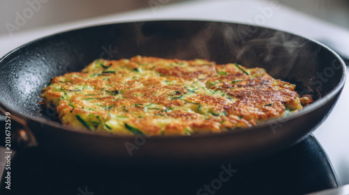 Golden zucchini fritter sizzling in a dark pan with steam and crispy edges, close-up cooking shot
