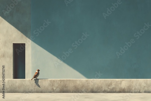 A minimalist architectural scene featuring a sparrow perched on a concrete wall with geometric shadows and neutral colors.