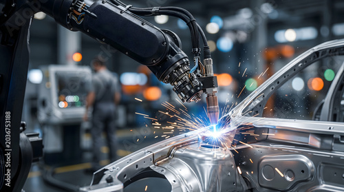 Industrial robot arm welding car chassis with bright sparks flying in modern automated factory production line.