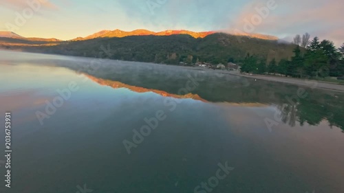 Wide Horizon Sunset Reflection on Still Lake Water