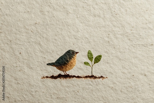 A delicate paper illustration of a bird standing next to a small sprout, symbolizing nature and growth.