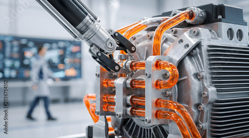 Robot arm working on complex industrial machinery with orange fluid filled pipes in clean high-tech factory environment.