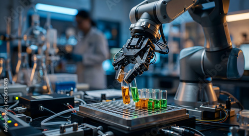 Robotic arm holding test tube in science laboratory with colorful liquids for research and development of new medicines.