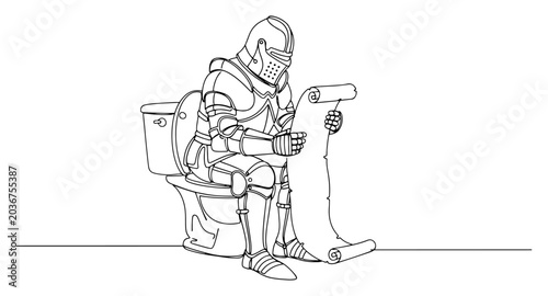 Fotografi Medieval knight in full armor sitting on toilet reading long scroll in continuou
