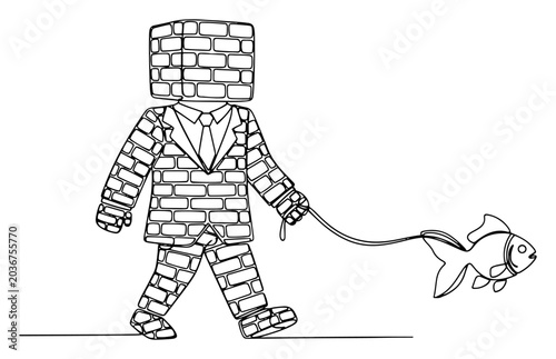 Konstfotografi Brick man walking goldfish on leash in surreal continuous line art style