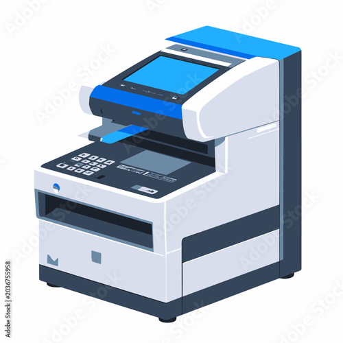 Modern blue and white multifunction office printer.