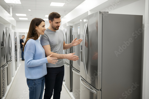 Couple shopping for new refrigerator in appliance store