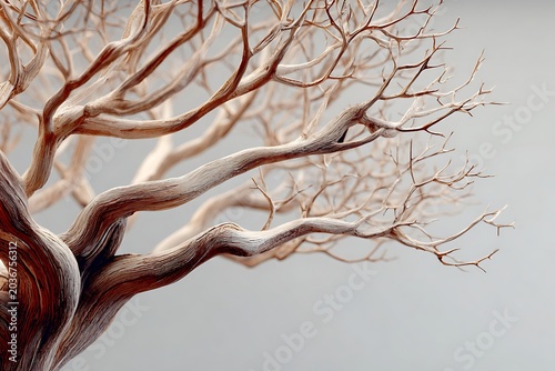 A close-up of bare tree branches showcases intricate textures and organic shapes against a neutral background, creating a minimalist and elegant composition.