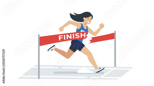 Young woman athlete running across the finish line on a race track