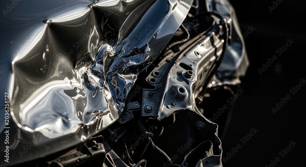 Fototapeta premium Severely crumpled car hood and fender after accident, detailed close-up with dramatic lighting and dark background, copy space
