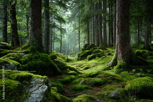 A serene forest landscape with lush green moss covering the ground and trees, creating a tranquil and peaceful atmosphere.