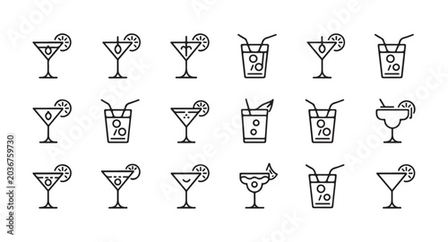 Photos Alcohol cocktail icons set with martini glasses and margarita cups featuring citrus garnish and straws isolated