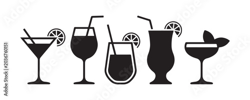 Konstfotografi Cocktail icons set with martini glass long drink tropical beverage and garnish silhouettes on white background