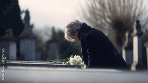 An elderly Caucasian man in dark coat mourns at a graveside holding white roses in a cemetery. Somber atmosphere of loss and remembrance captures the profound solitude of grief and final farewell.