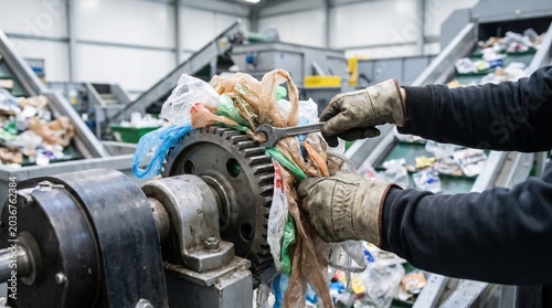 Worker using a wrench to repair a factory gear mechanism jammed with tangled plastic bags