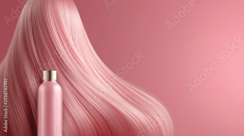Pink Shampoo Bottle with Glossy Cascading Strands of Silk Pink Hair