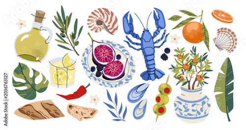 Cartoon Italian summer stickers in retro 90s style. Vacation, beach season, olives, oranges, seafood, figs, baguette, cocktails. Bright summer elements. Trendy doodle  minimalist printable 