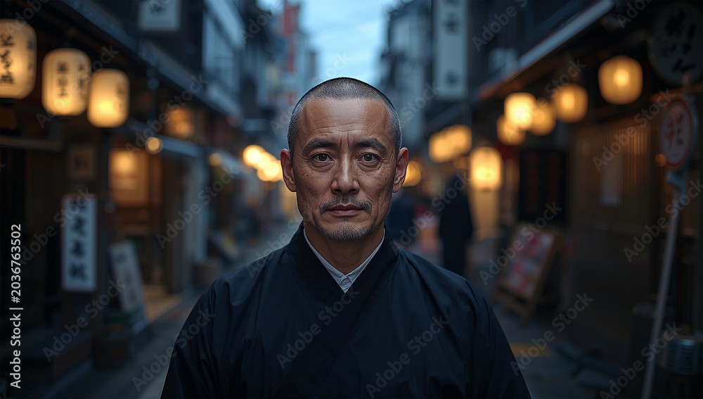 Obraz premium 提灯が灯る夜の街で佇む黒い法衣の日本人男性