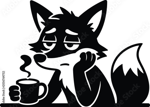 Photos Tired fox holding a hot cup of coffee with a sleepy expression in a simple black