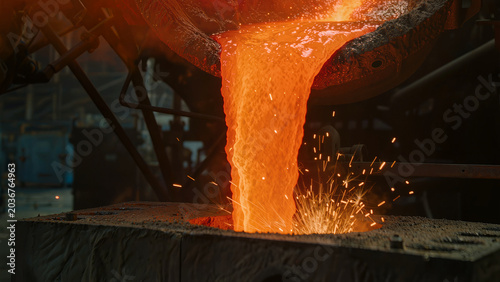 Molten glowing metal alloy pouring in a factory, heavy industry and metallurgy concept.