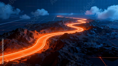 Luminous winding path over mountain landscape
