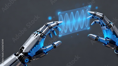 robot hands interacting with digital wave display