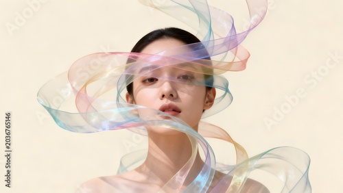 Woman with flowing colorful ribbons