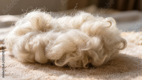 Macro texture of raw alpaca wool fibers, natural textile and cozy lifestyle concept.