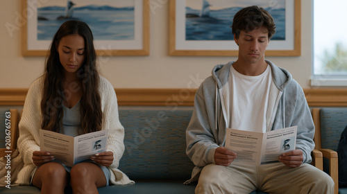 Young couple sits on opposite ends of a hospital waiting room bench, not touching, each reading separate pamphlets about bereavement services, the aftermath moment of losing a pregnancy made visible