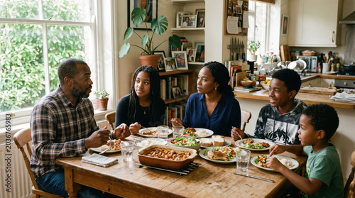 African American family eating dinner at home. Black parents and children talking at the dining table. People sharing a home-cooked meal together