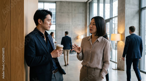 Asian business professionals having a coffee break in modern office. Man and woman talking and networking in corporate lobby. Casual workplace communication concept