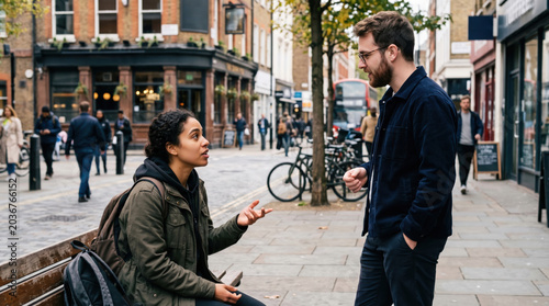 Young woman with backpack talking to a man on a busy street. Students meeting on a city sidewalk. Urban lifestyle and communication concept