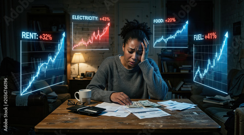 Worried Black woman counting cash and struggling with bills. Holographic charts displaying inflation and rising prices for rent and food. Cost of living crisis and financial stress concept