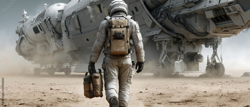 Obraz premium Panoramic scene with astronaut walking on alien planet near spaceship, space exploration adventure