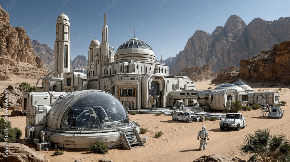 Obraz premium Futuristic mars colony in desert landscape with advanced research facilities and vehicles