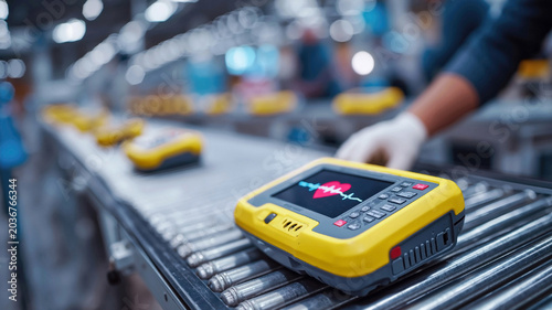 Automated defibrillator on conveyor in medical equipment production facility