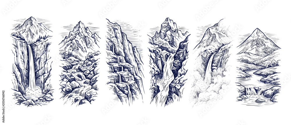 Obraz premium Mountain waterfall sketch vector illustration hand drawn engraving style featuring scenic rivers, wild canyons, and rocky cliffs set in vertical panels evoking rustic, vintage wild outdoor landscapes.