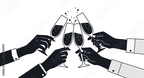 Bilde på lerret Four hands holding champagne flutes in a celebratory toast.