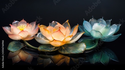 Glass lotus flowers on black background, reflection, zen