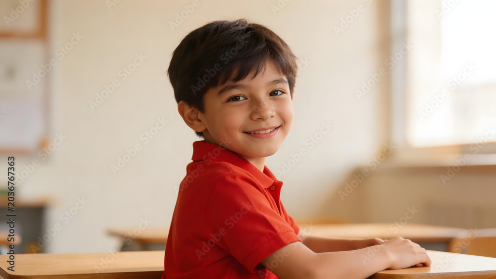 Fototapeta premium Young boy in red shirt smiling at desk