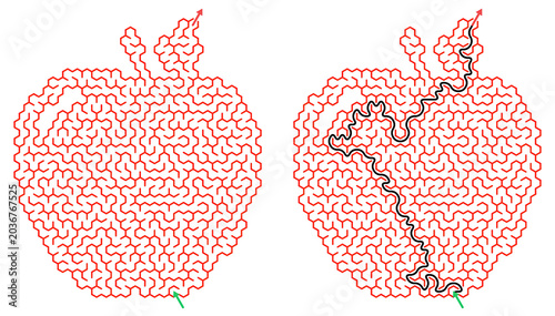 Apple shaped hexagonal maze puzzle set with solution. Fruit masked honeycomb labyrinth Cyberpunk educational worksheet with red path.