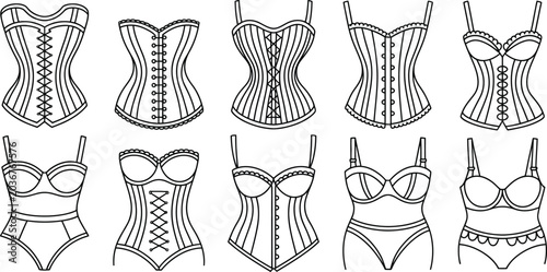 Cuadro en lienzo Corset, lingerie, and bodice vector illustrations, women's fashion icons, black